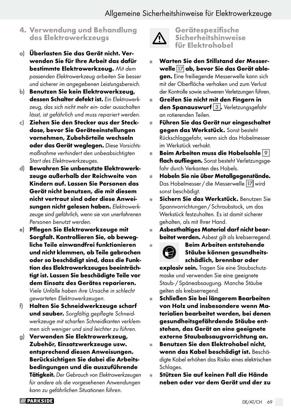 Verwendung und behandlung des elektrowerkzeugs | Parkside PEH 30 A1 User Manual | Page 69 / 75