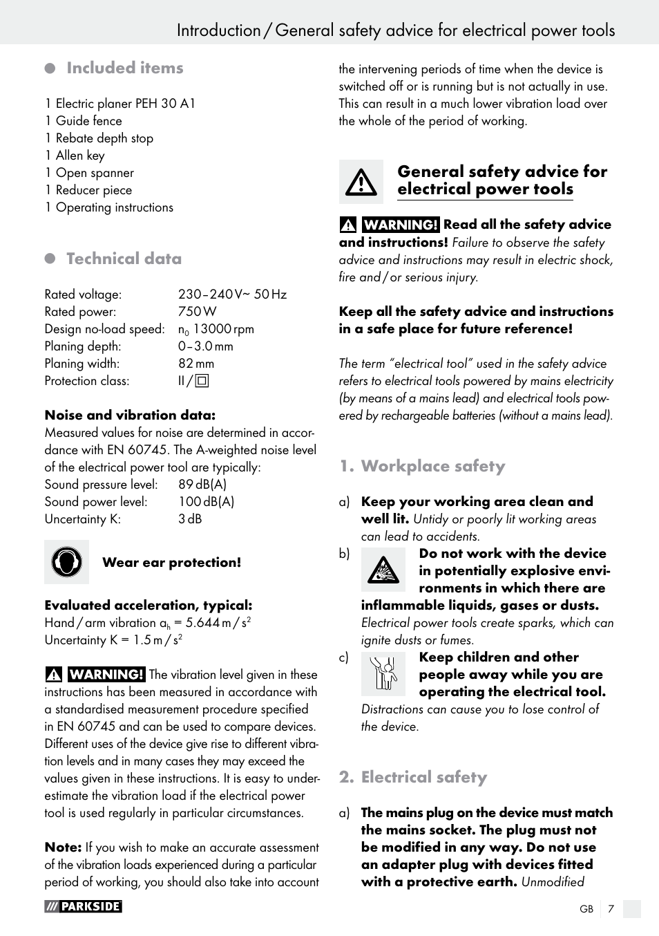 Included items, Technical data, General safety advice for electrical power tools | Workplace safety, Electrical safety | Parkside PEH 30 A1 User Manual | Page 7 / 75