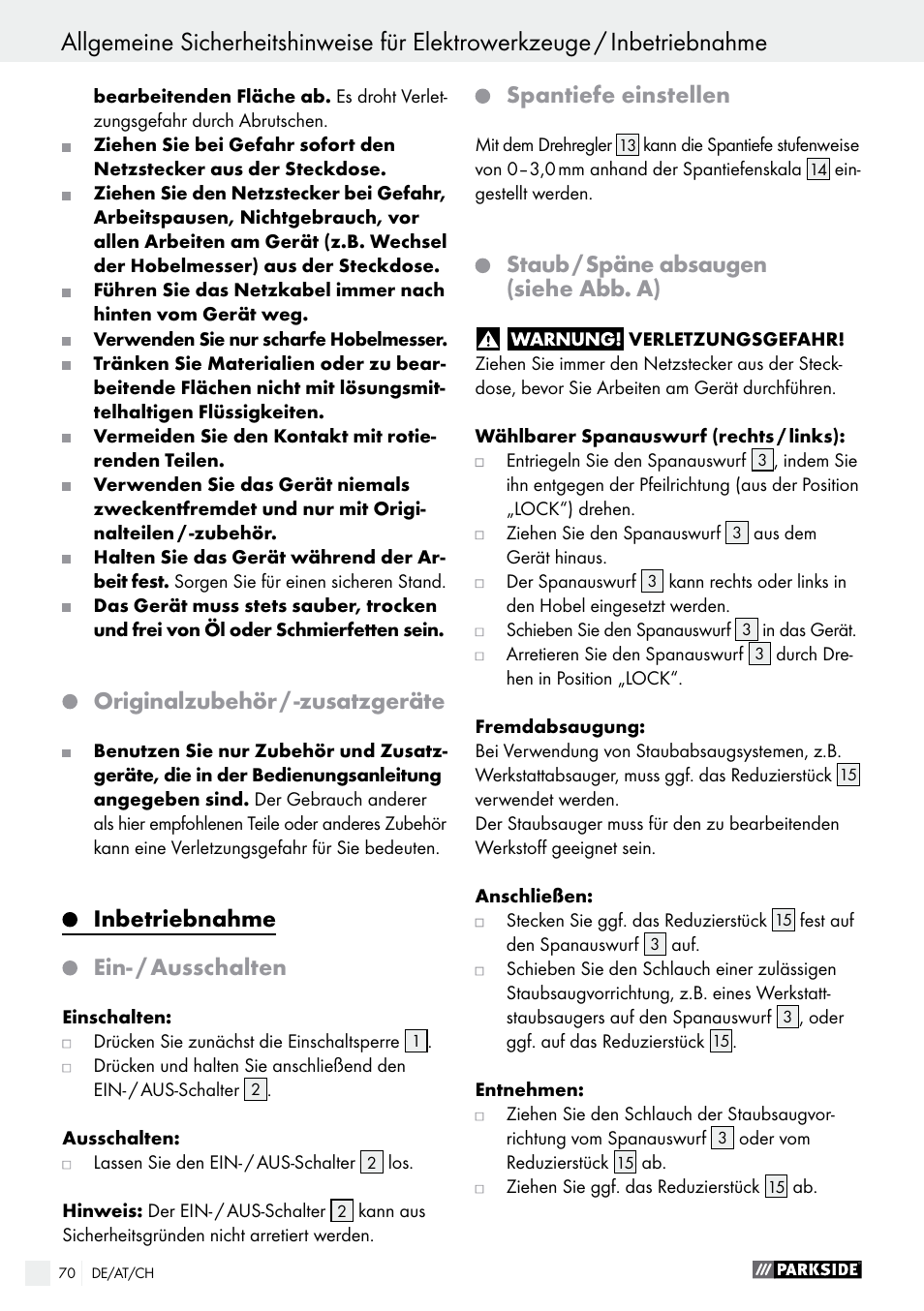 Originalzubehör / -zusatzgeräte, Inbetriebnahme, Ein- / ausschalten | Spantiefe einstellen, Staub / späne absaugen (siehe abb. a) | Parkside PEH 30 A1 User Manual | Page 70 / 75