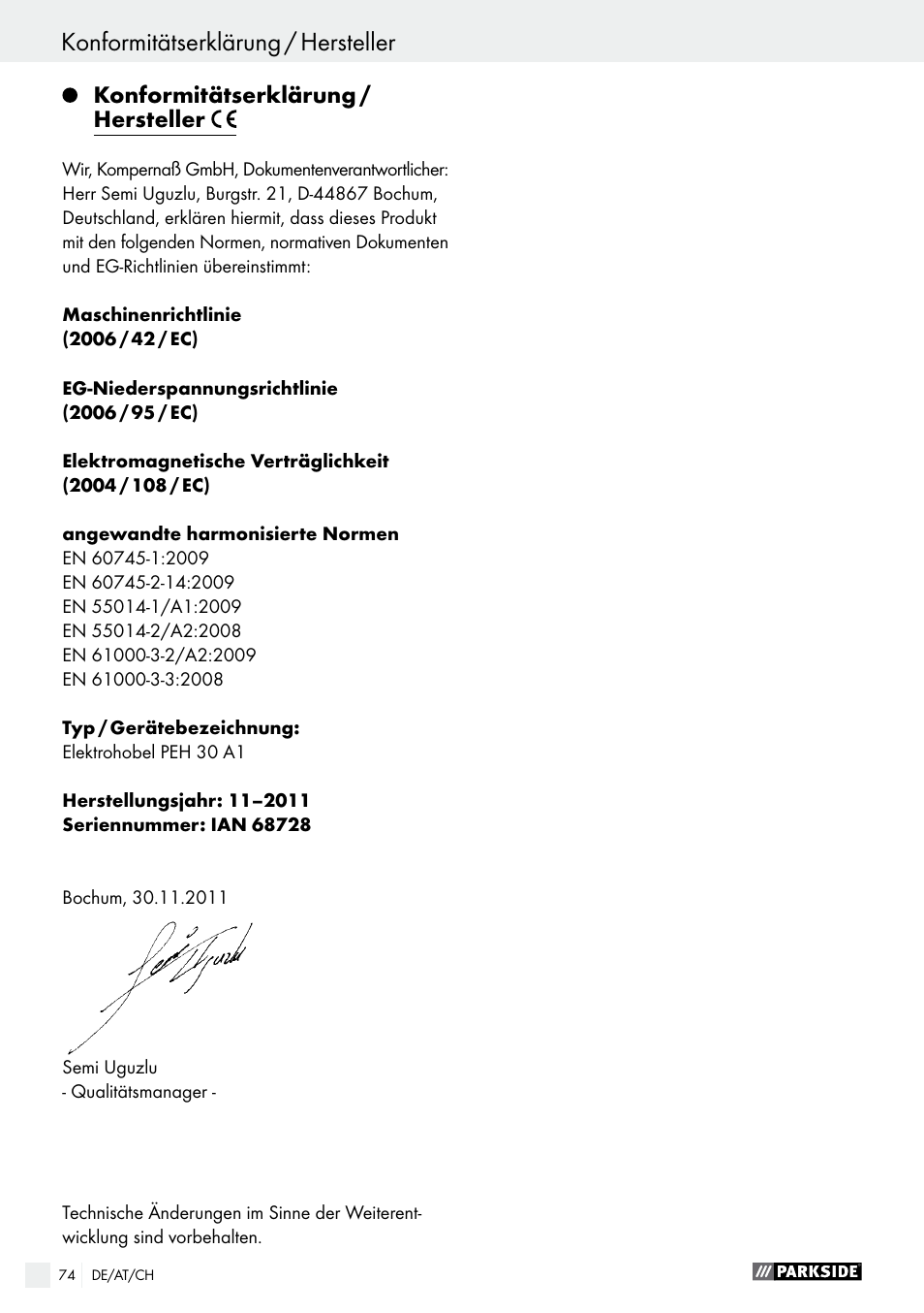 Konformitätserklärung / hersteller | Parkside PEH 30 A1 User Manual | Page 74 / 75