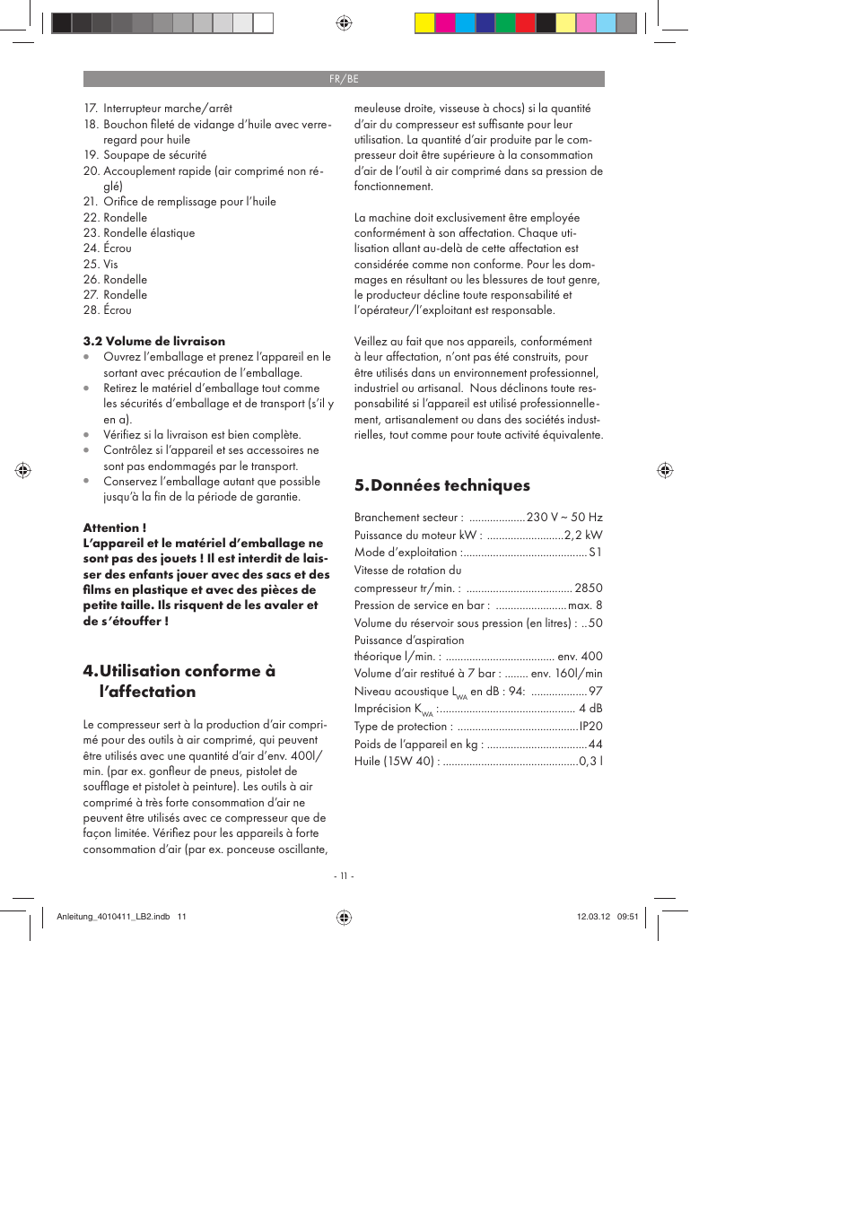 Utilisation conforme à l’affectation, Données techniques | Parkside PKO 400 A1 User Manual | Page 11 / 62