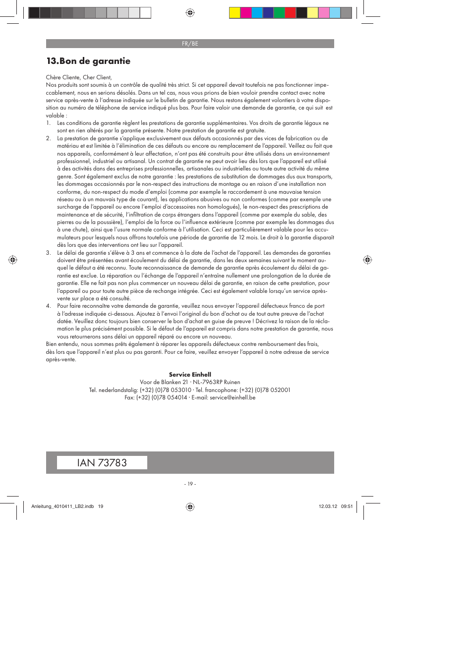 Bon de garantie | Parkside PKO 400 A1 User Manual | Page 19 / 62