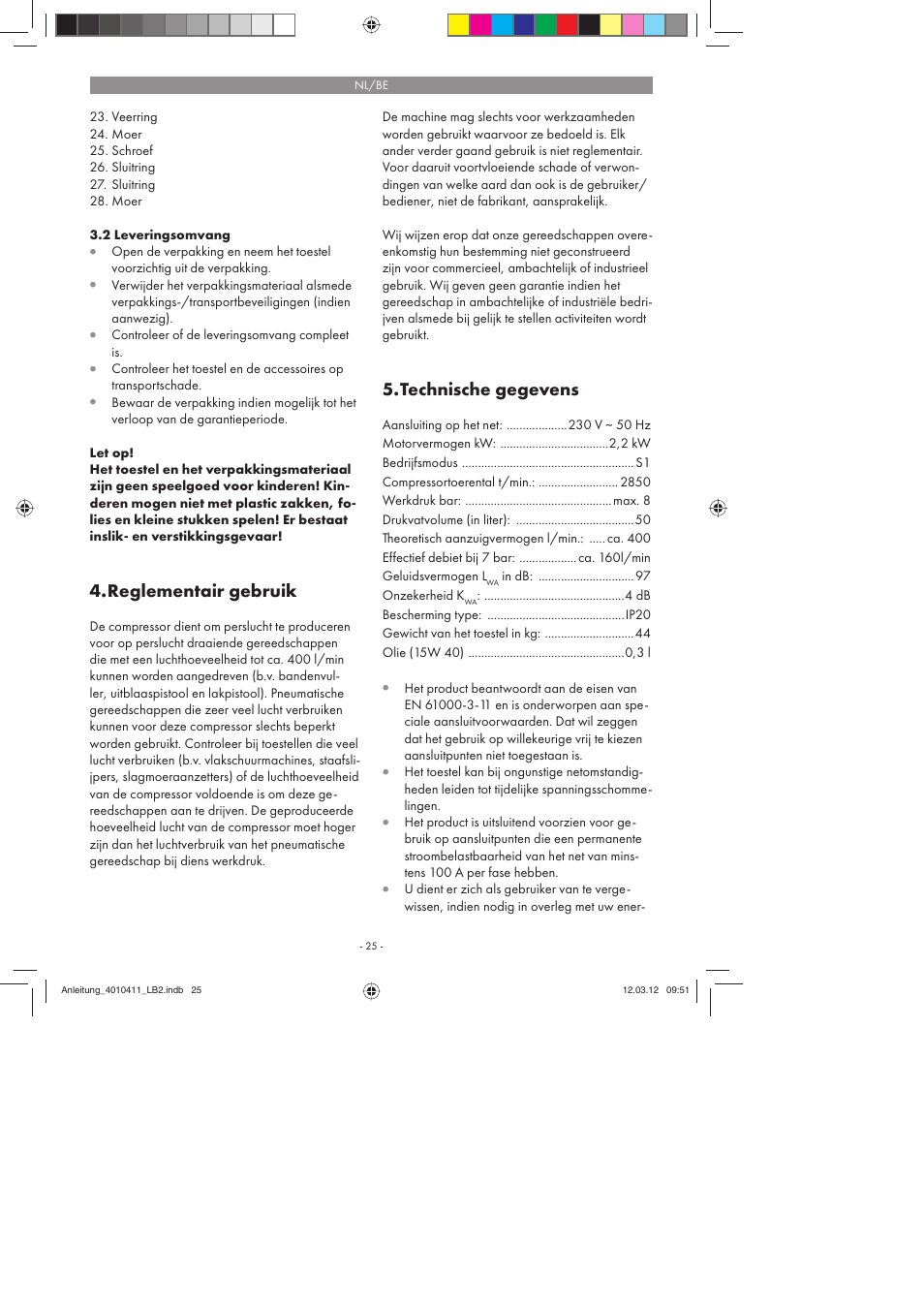 Reglementair gebruik, Technische gegevens | Parkside PKO 400 A1 User Manual | Page 25 / 62