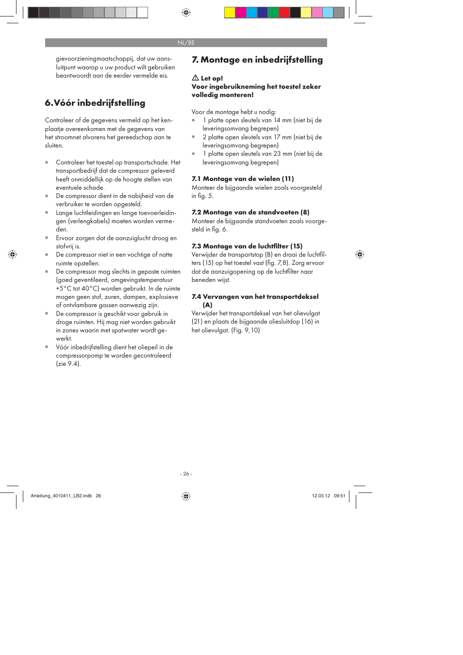 Vóór inbedrijfstelling, Montage en inbedrijfstelling | Parkside PKO 400 A1 User Manual | Page 26 / 62