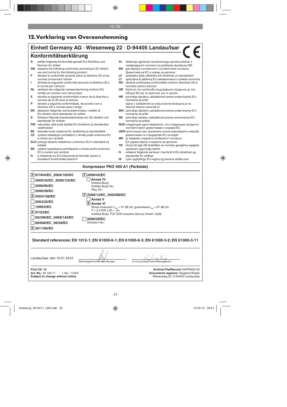 Verklaring van overeenstemming, Konformitätserklärung | Parkside PKO 400 A1 User Manual | Page 32 / 62