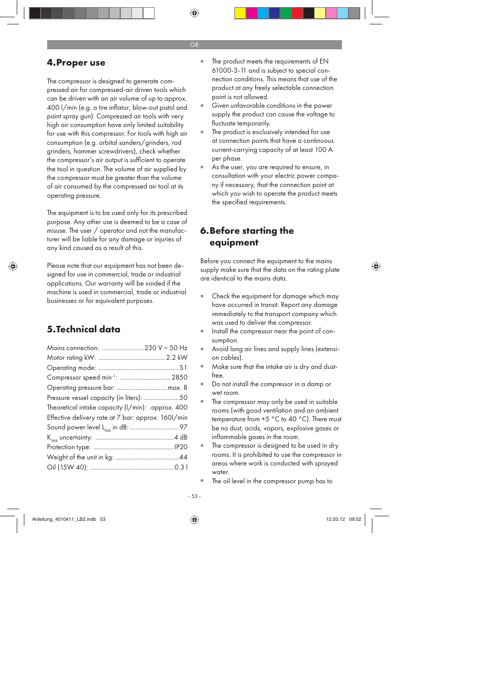Proper use, Technical data, Before starting the equipment | Parkside PKO 400 A1 User Manual | Page 53 / 62