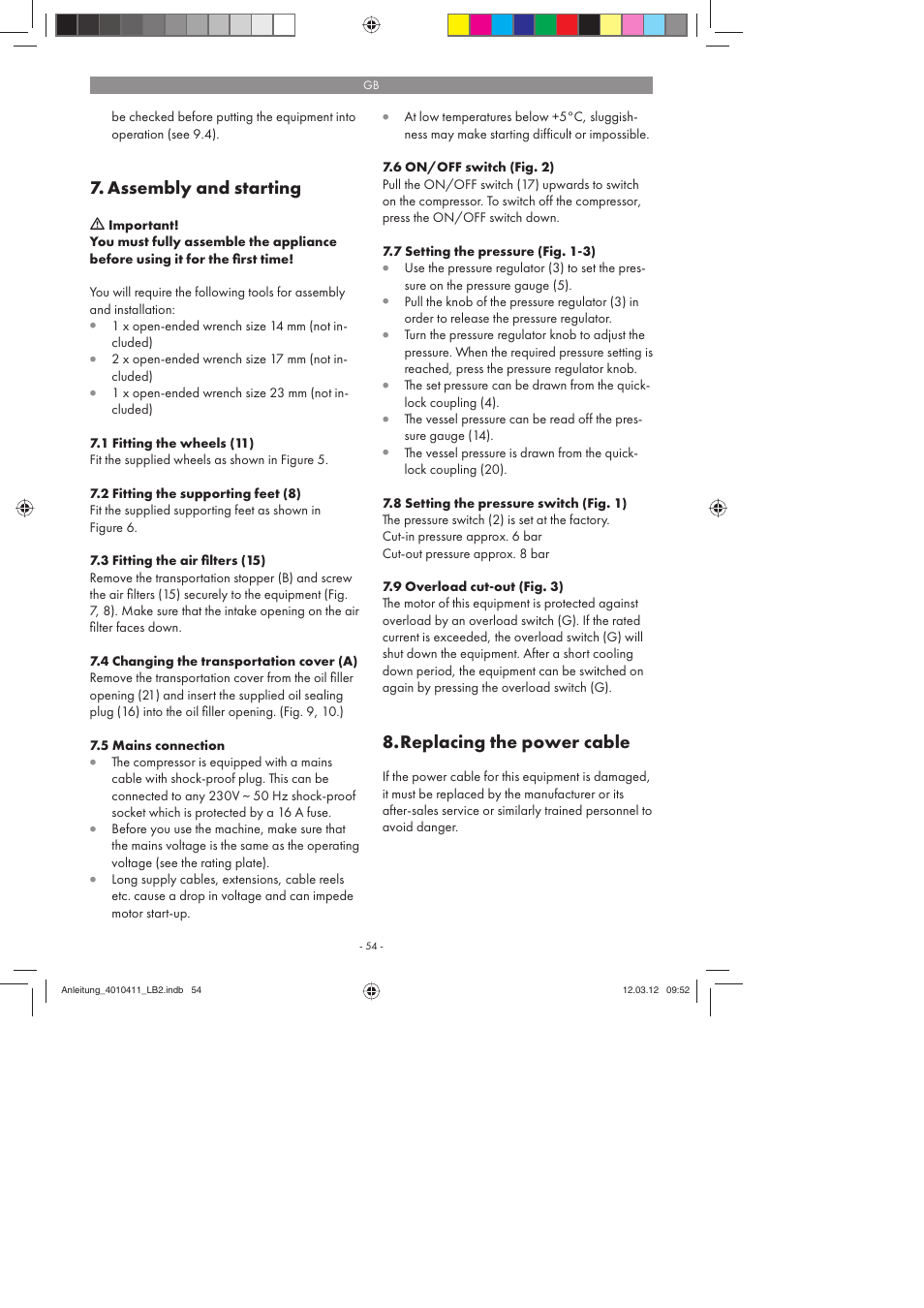 Assembly and starting, Replacing the power cable | Parkside PKO 400 A1 User Manual | Page 54 / 62