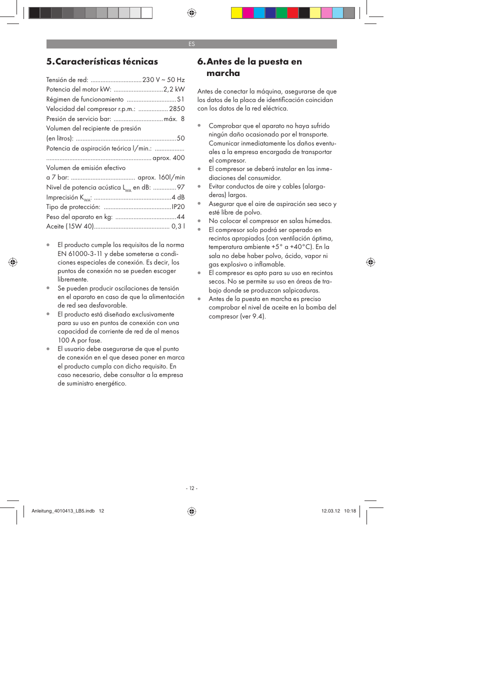 Características técnicas, Antes de la puesta en marcha | Parkside PKO 400 A1 User Manual | Page 12 / 78