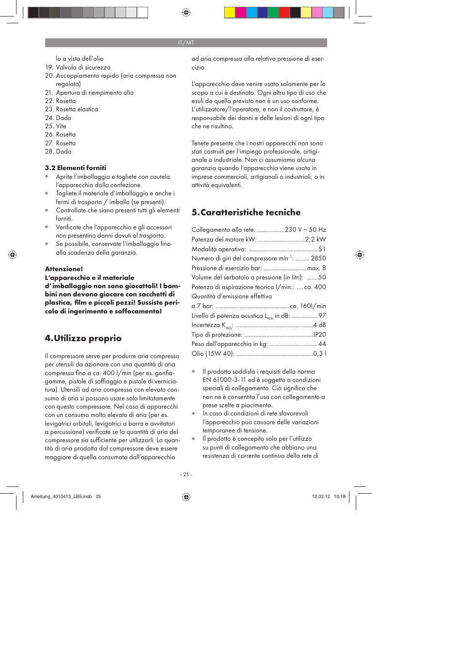 Utilizzo proprio, Caratteristiche tecniche | Parkside PKO 400 A1 User Manual | Page 25 / 78