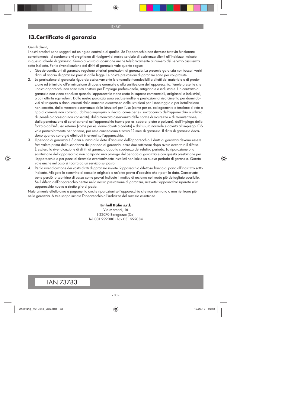 Certiﬁ cato di garanzia | Parkside PKO 400 A1 User Manual | Page 33 / 78