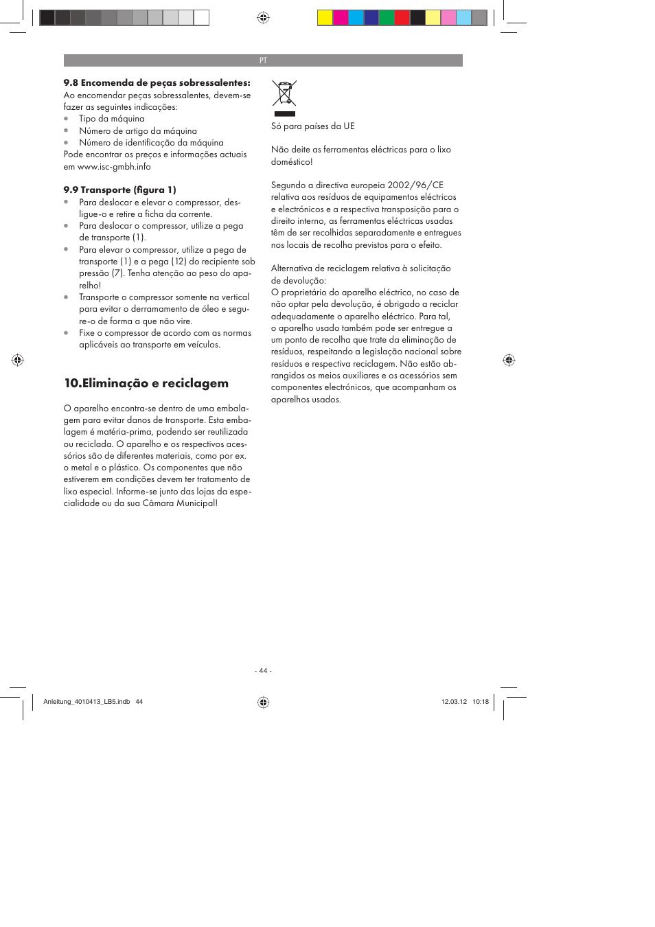 Eliminação e reciclagem | Parkside PKO 400 A1 User Manual | Page 44 / 78