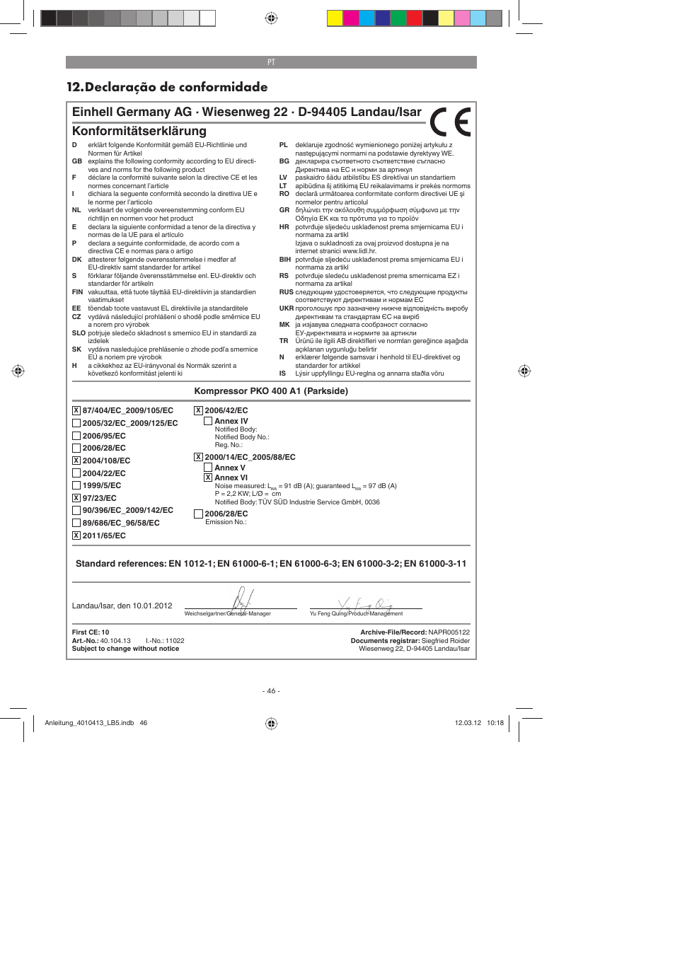 Declaração de conformidade, Konformitätserklärung | Parkside PKO 400 A1 User Manual | Page 46 / 78