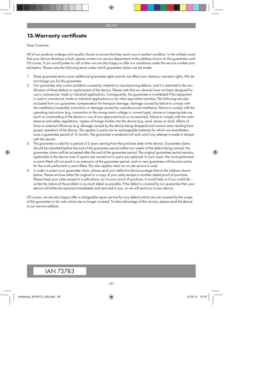 Warranty certiﬁ cate | Parkside PKO 400 A1 User Manual | Page 60 / 78