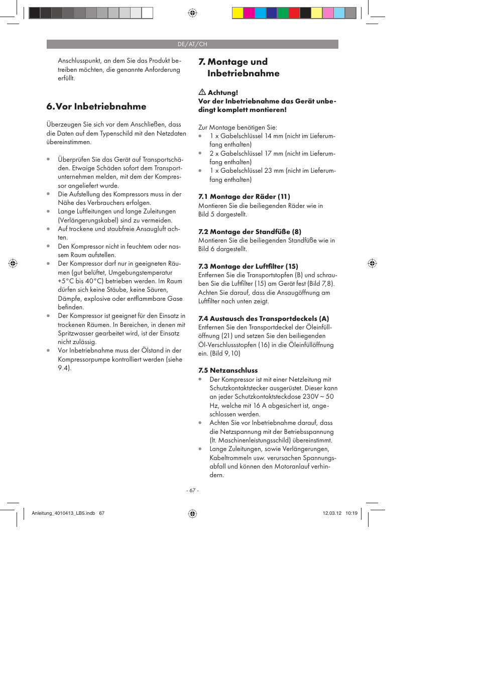 Vor inbetriebnahme, Montage und inbetriebnahme | Parkside PKO 400 A1 User Manual | Page 67 / 78