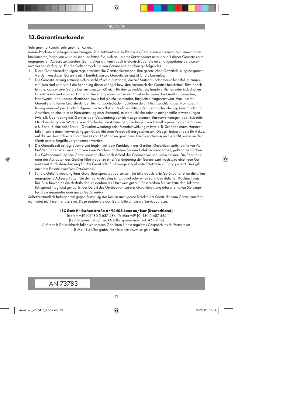 Garantieurkunde | Parkside PKO 400 A1 User Manual | Page 74 / 78