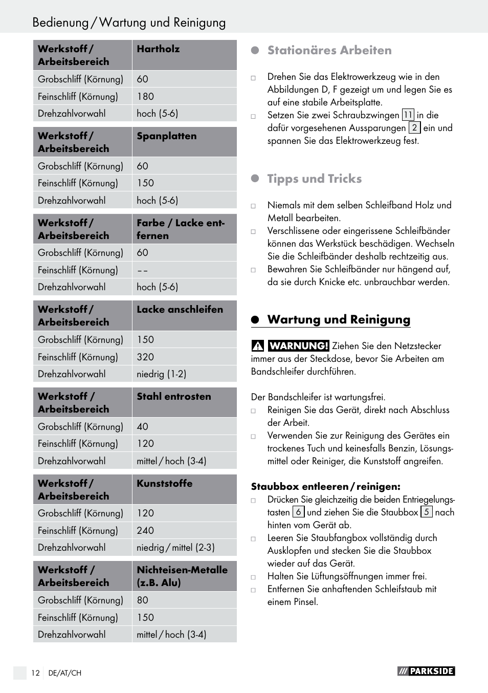 Stationäres arbeiten, Tipps und tricks, Wartung und reinigung | Parkside PBS 600 A1 User Manual | Page 12 / 45