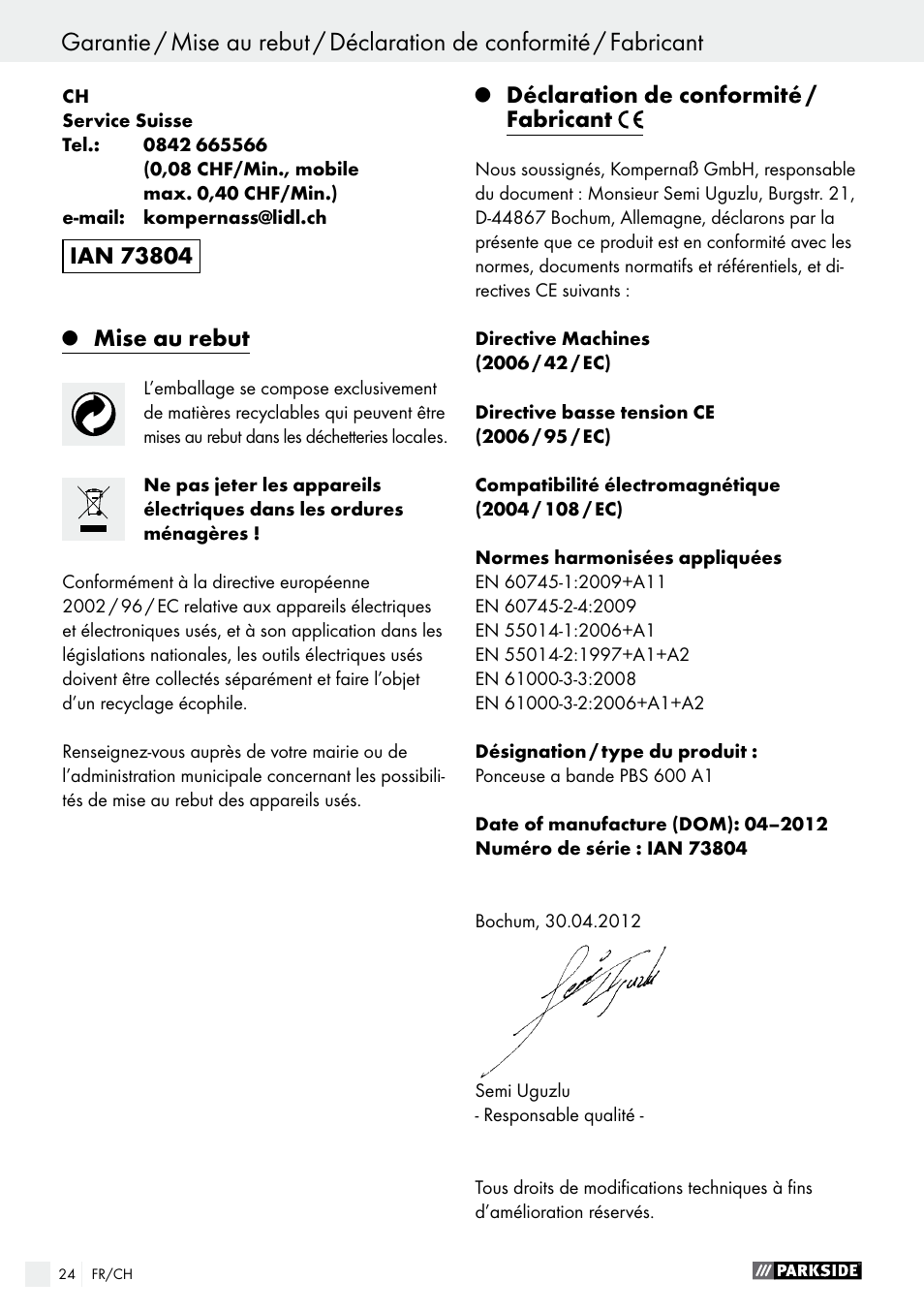 Mise au rebut, Déclaration de conformité / fabricant | Parkside PBS 600 A1 User Manual | Page 24 / 45