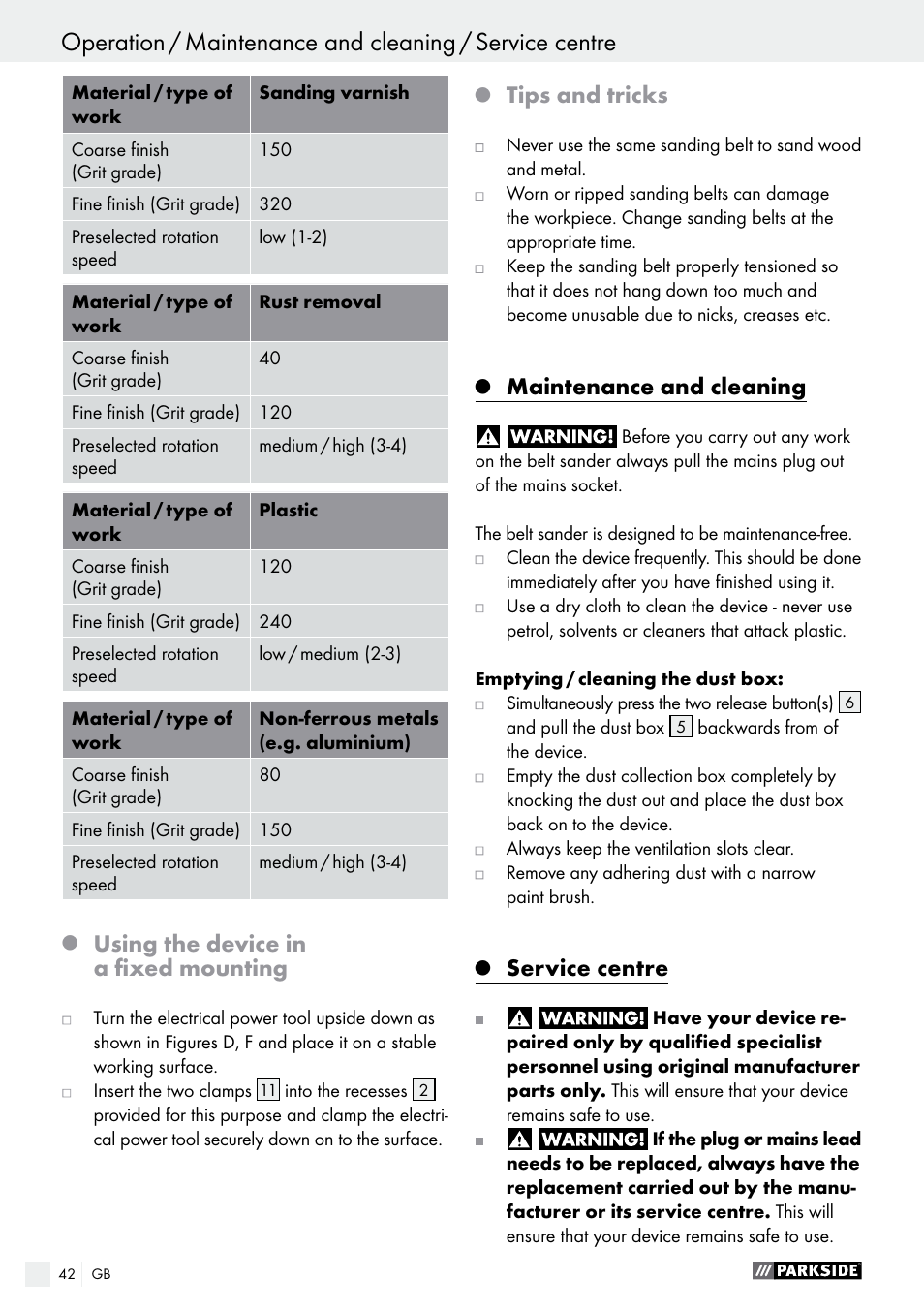 Using the device in a fixed mounting, Tips and tricks, Maintenance and cleaning | Service centre | Parkside PBS 600 A1 User Manual | Page 42 / 45