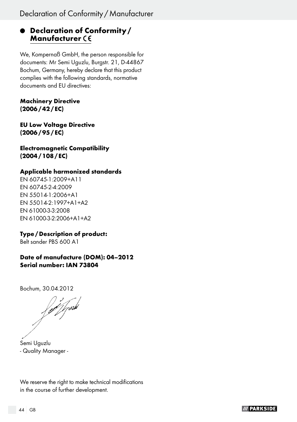 Declaration of conformity / manufacturer | Parkside PBS 600 A1 User Manual | Page 44 / 45