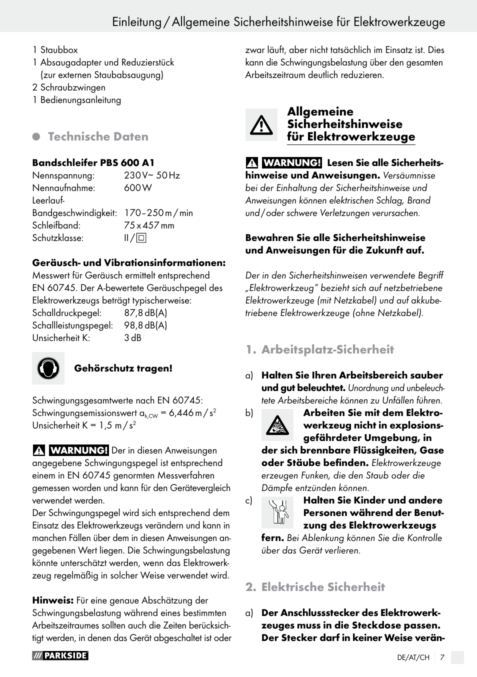 Technische daten, Arbeitsplatz-sicherheit, Elektrische sicherheit | Parkside PBS 600 A1 User Manual | Page 7 / 45