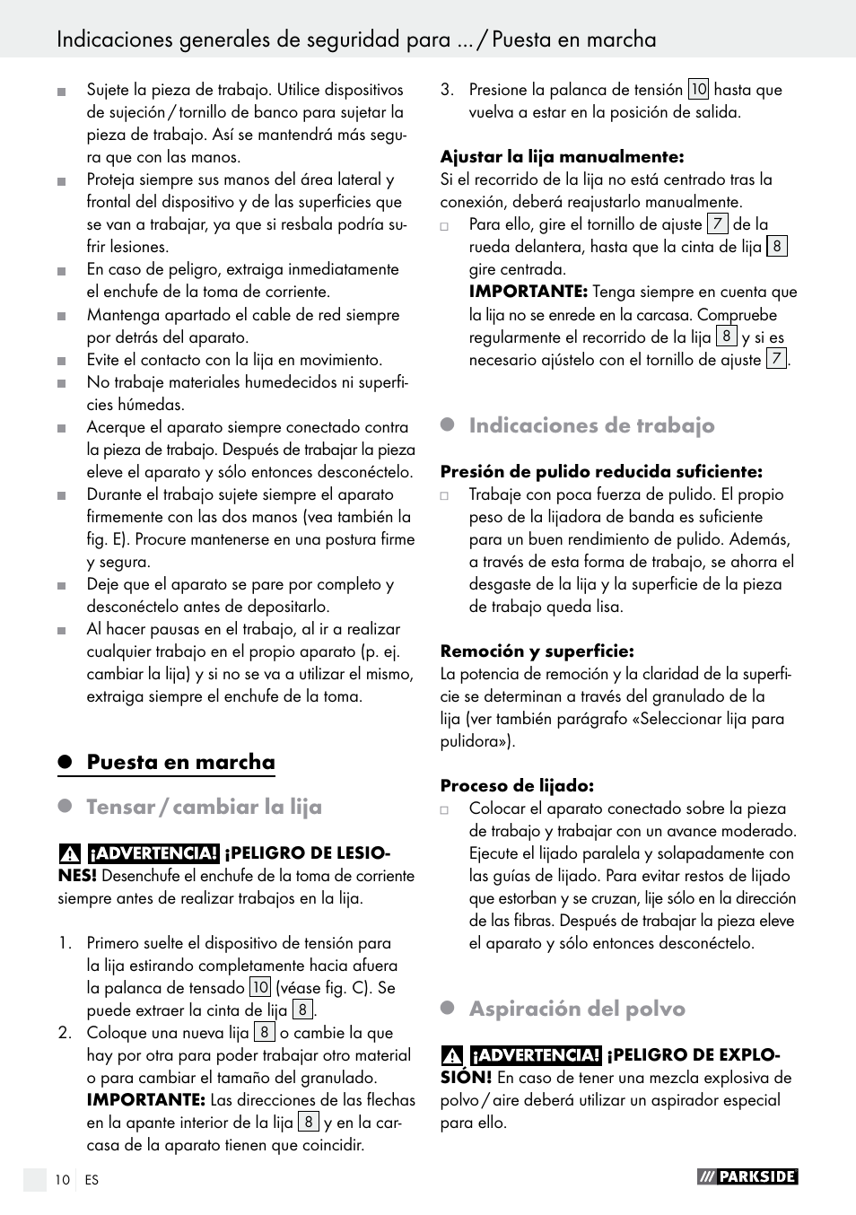 Puesta en marcha, Tensar / cambiar la lija, Indicaciones de trabajo | Aspiración del polvo | Parkside PBS 600 A1 User Manual | Page 10 / 45