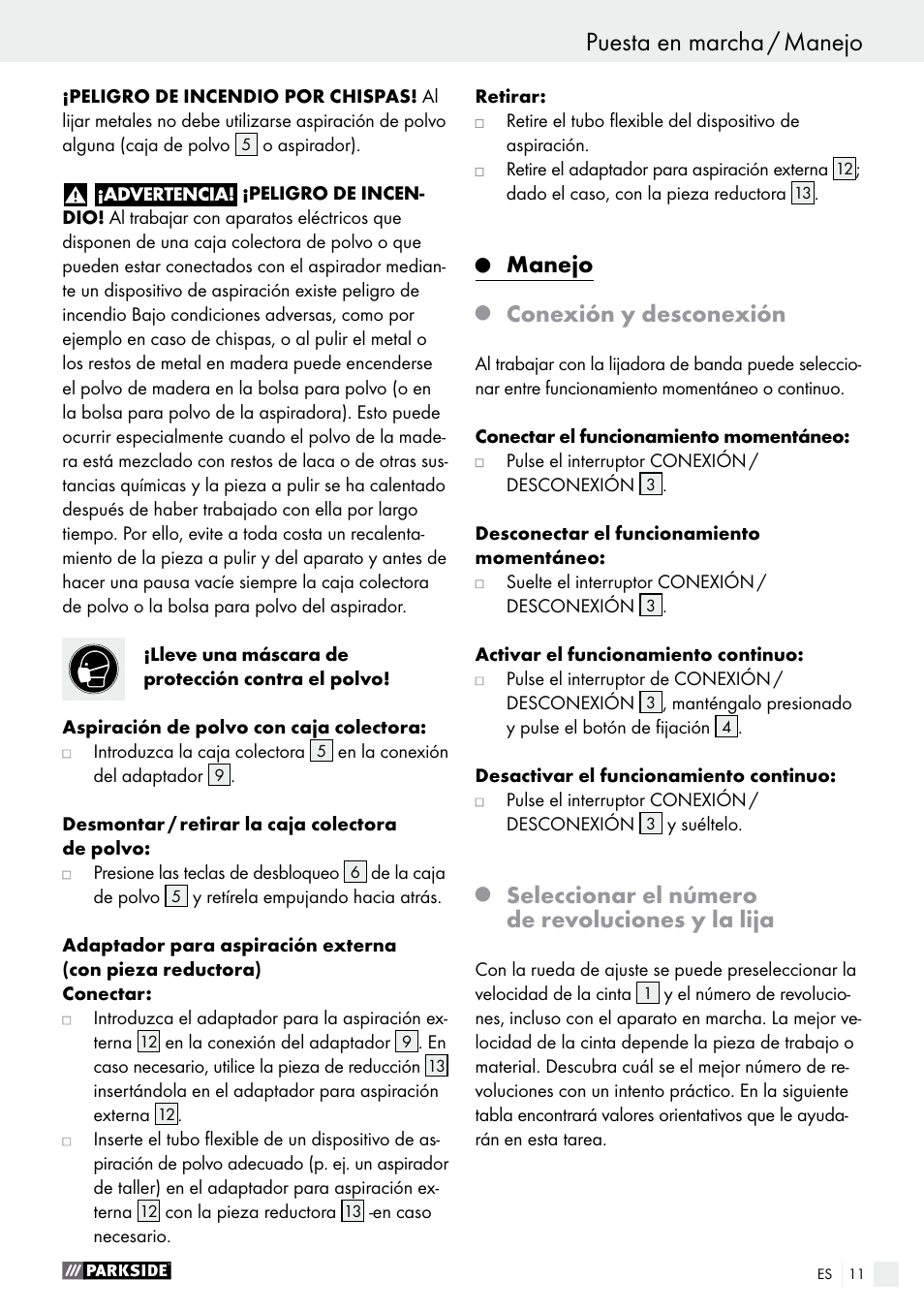 Manejo, Conexión y desconexión, Seleccionar el número de revoluciones y la lija | Parkside PBS 600 A1 User Manual | Page 11 / 45