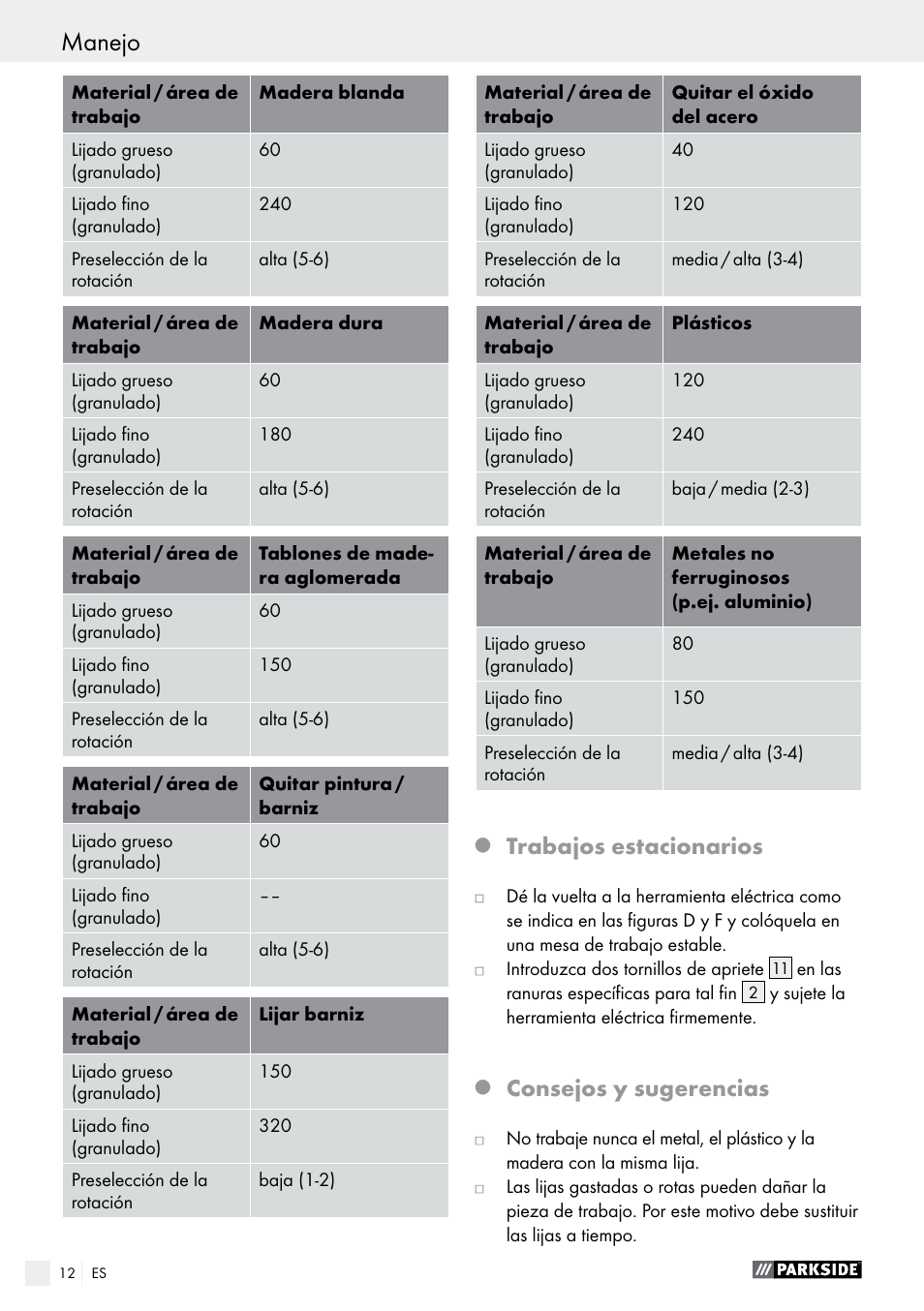 Trabajos estacionarios, Consejos y sugerencias | Parkside PBS 600 A1 User Manual | Page 12 / 45
