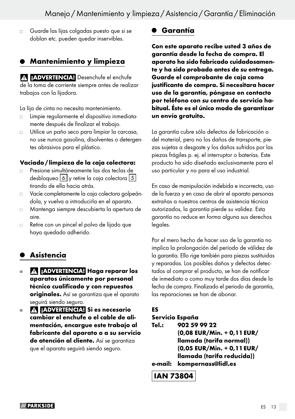 Manejo, Mantenimiento y limpieza, Asistencia | Garantía | Parkside PBS 600 A1 User Manual | Page 13 / 45