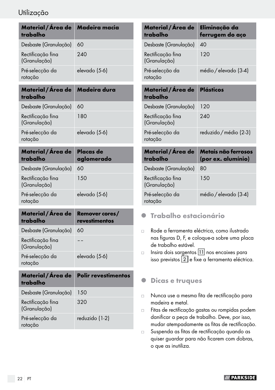 Trabalho estacionário, Dicas e truques | Parkside PBS 600 A1 User Manual | Page 22 / 45