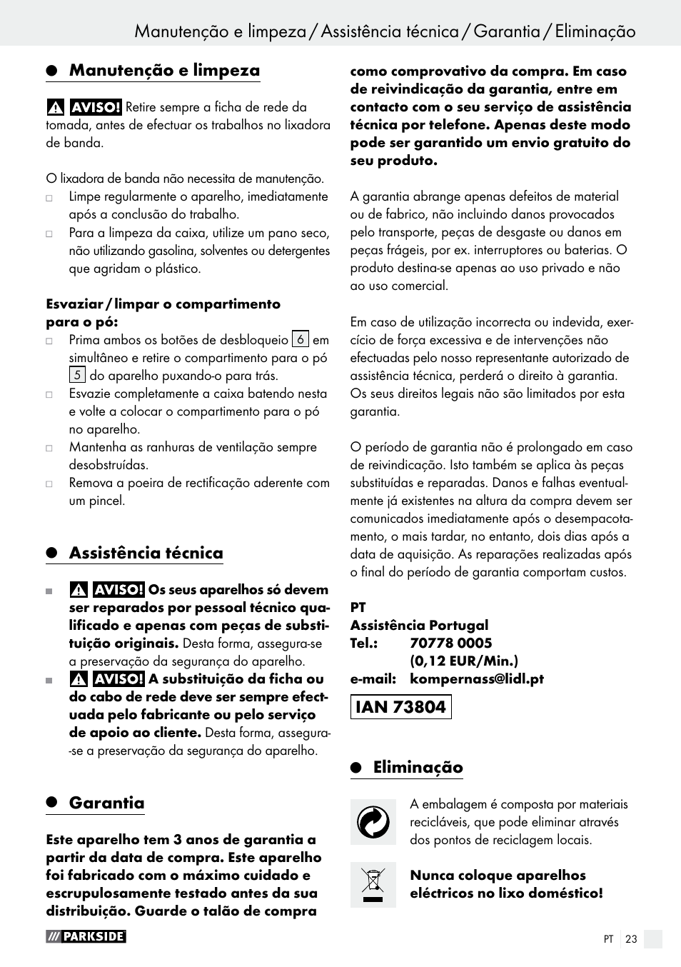Manutenção e limpeza, Assistência técnica, Garantia | Eliminação | Parkside PBS 600 A1 User Manual | Page 23 / 45
