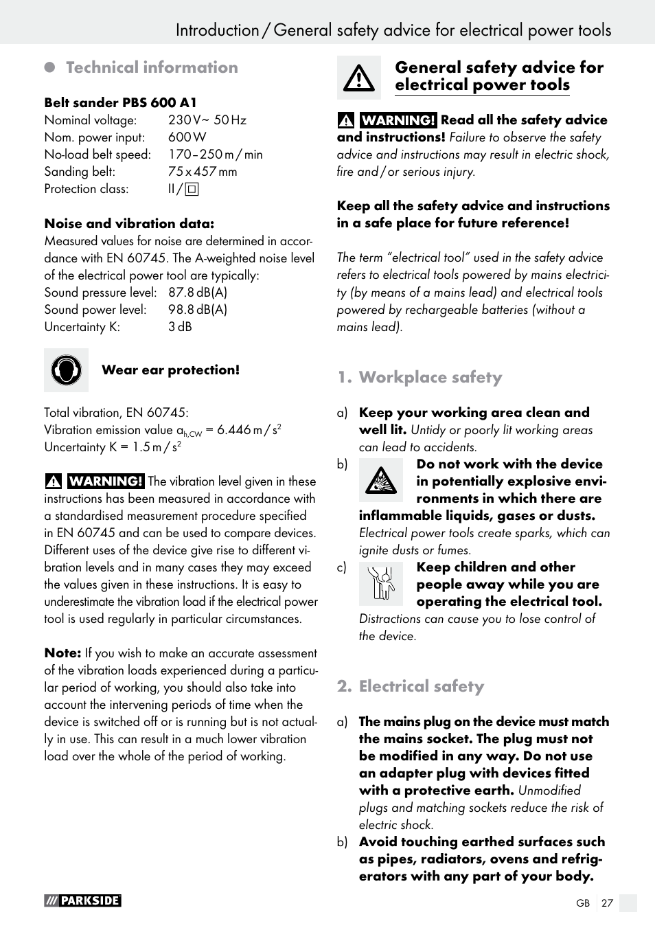 Technical information, General safety advice for electrical power tools, Workplace safety | Electrical safety | Parkside PBS 600 A1 User Manual | Page 27 / 45