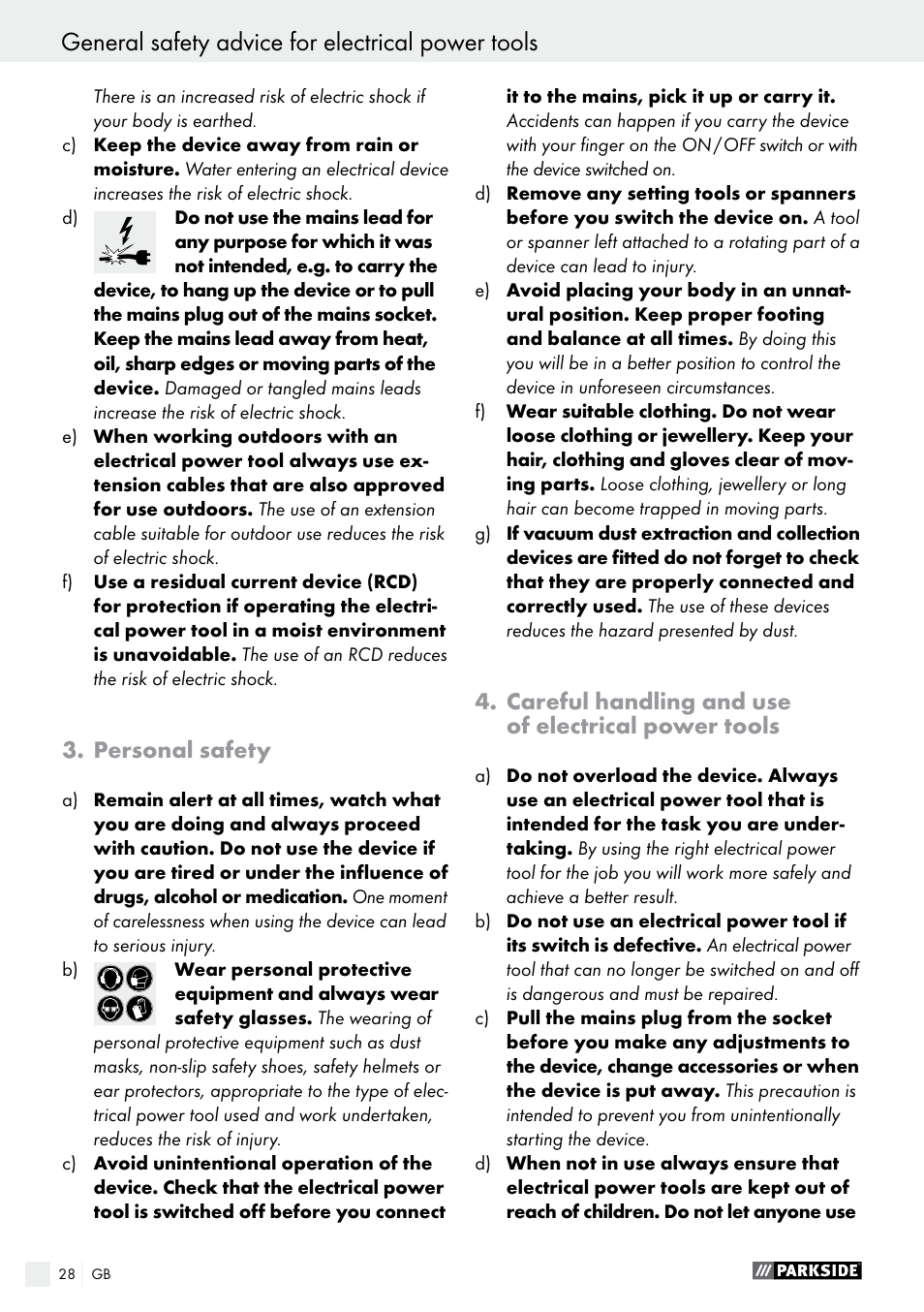 General safety advice for electrical power tools, Personal safety, Careful handling and use of electrical power tools | Parkside PBS 600 A1 User Manual | Page 28 / 45