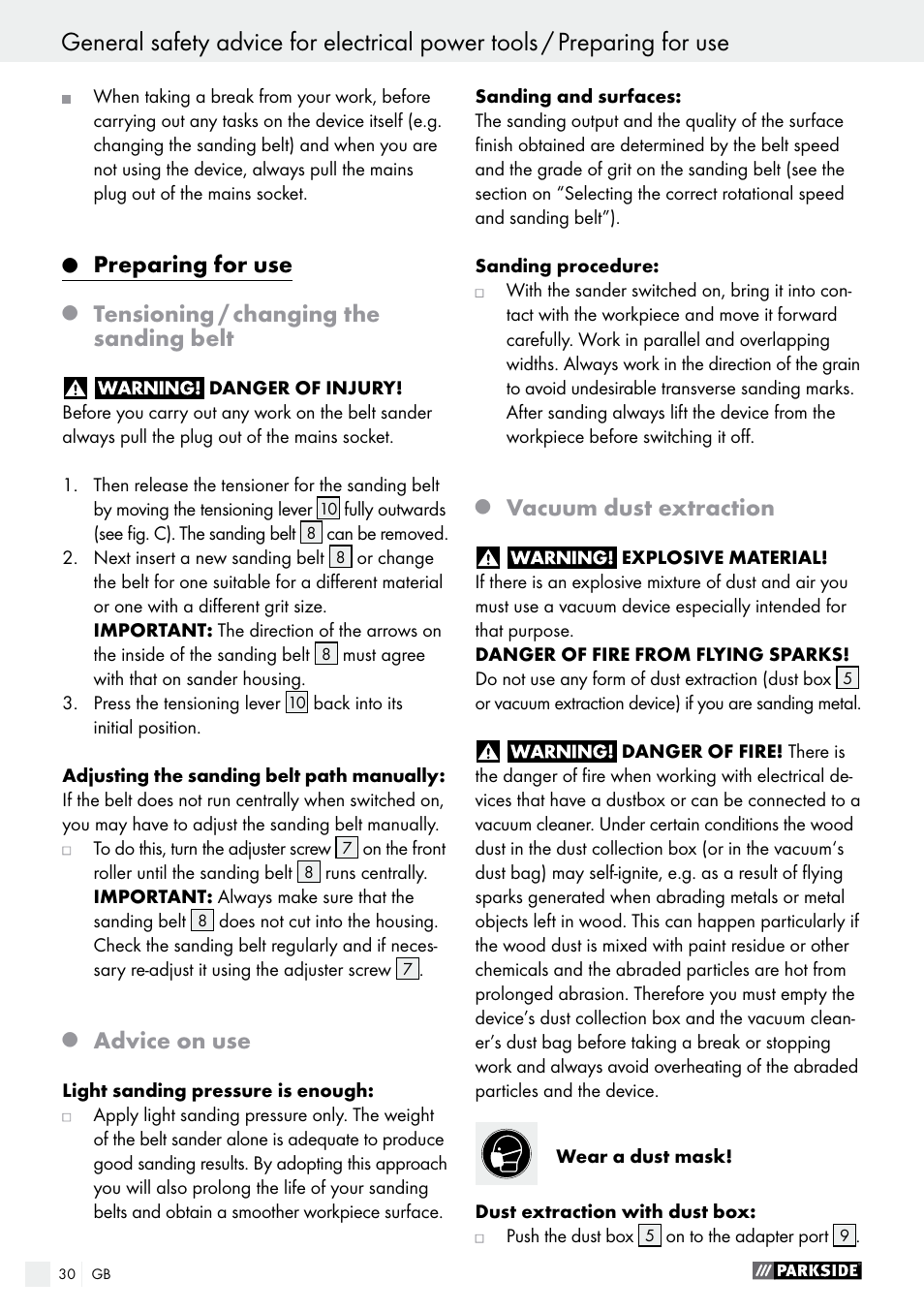 Preparing for use, Tensioning / changing the sanding belt, Advice on use | Vacuum dust extraction | Parkside PBS 600 A1 User Manual | Page 30 / 45