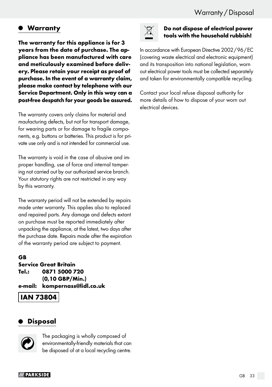Warranty, Disposal | Parkside PBS 600 A1 User Manual | Page 33 / 45