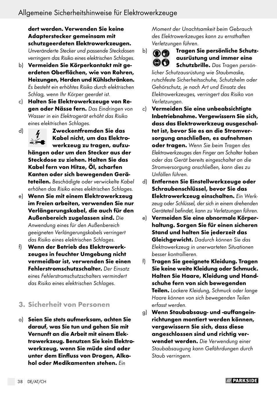 Sicherheit von personen | Parkside PBS 600 A1 User Manual | Page 38 / 45