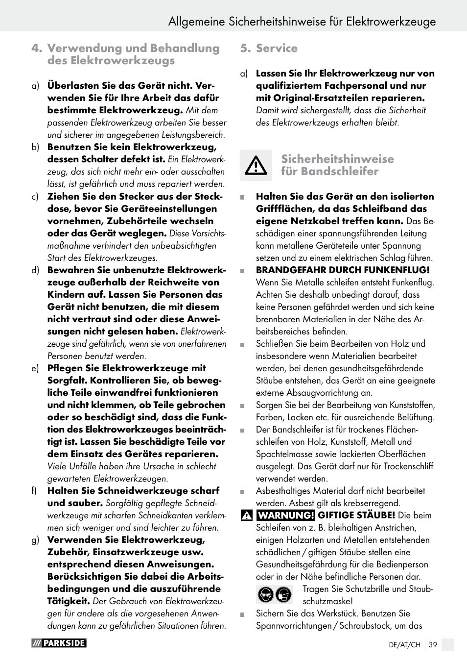 Verwendung und behandlung des elektrowerkzeugs, Service, Sicherheitshinweise für bandschleifer | Parkside PBS 600 A1 User Manual | Page 39 / 45