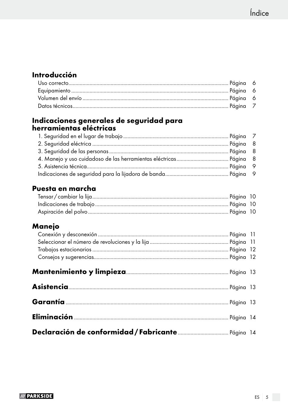 Índice | Parkside PBS 600 A1 User Manual | Page 5 / 45