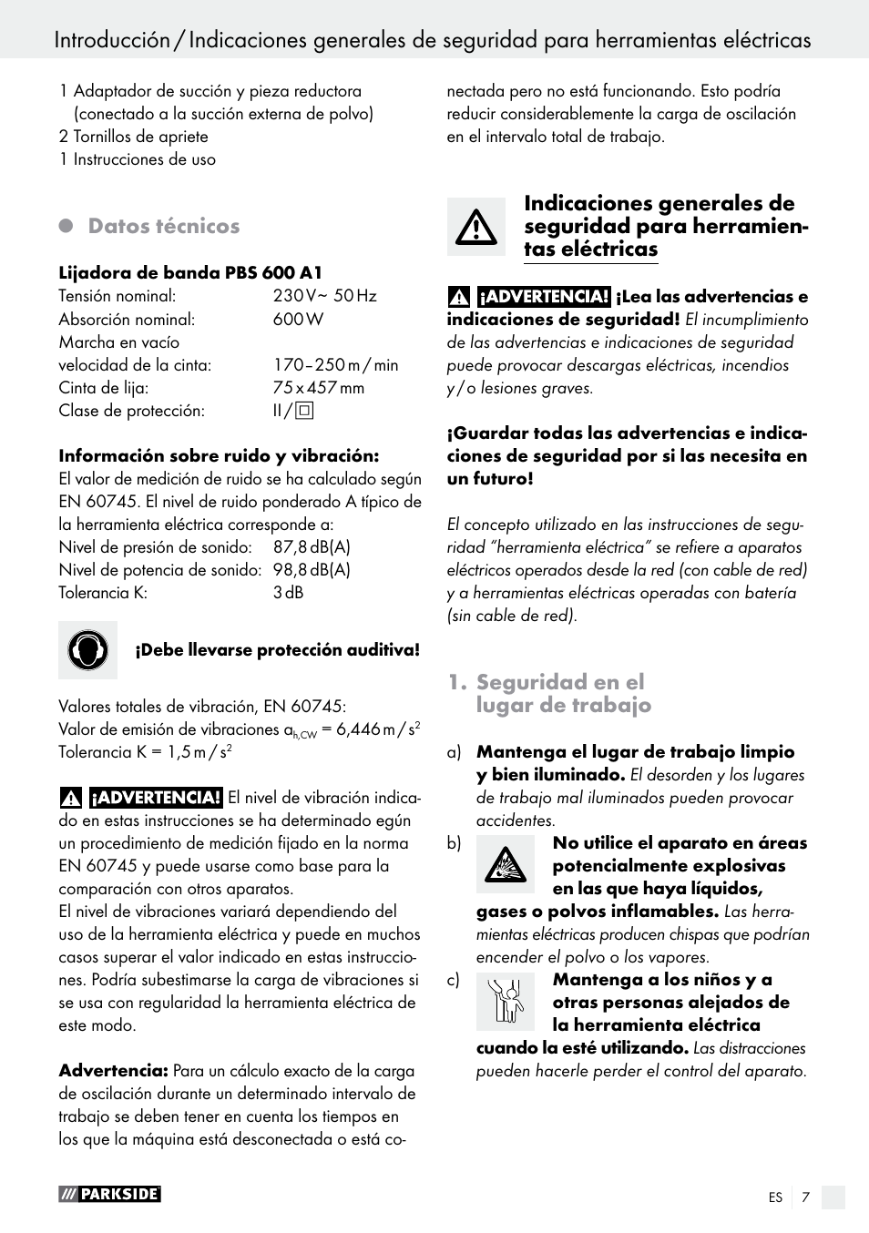 Datos técnicos, Seguridad en el lugar de trabajo | Parkside PBS 600 A1 User Manual | Page 7 / 45