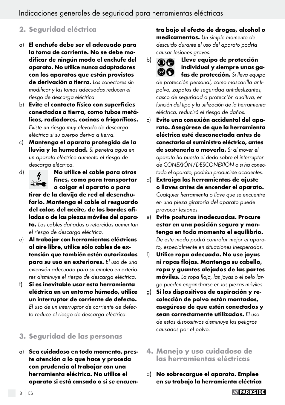 Seguridad eléctrica, Seguridad de las personas | Parkside PBS 600 A1 User Manual | Page 8 / 45