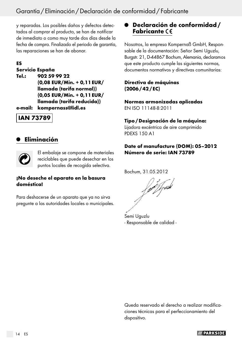 Indice | Parkside PDEXS 150 A1 User Manual | Page 14 / 56