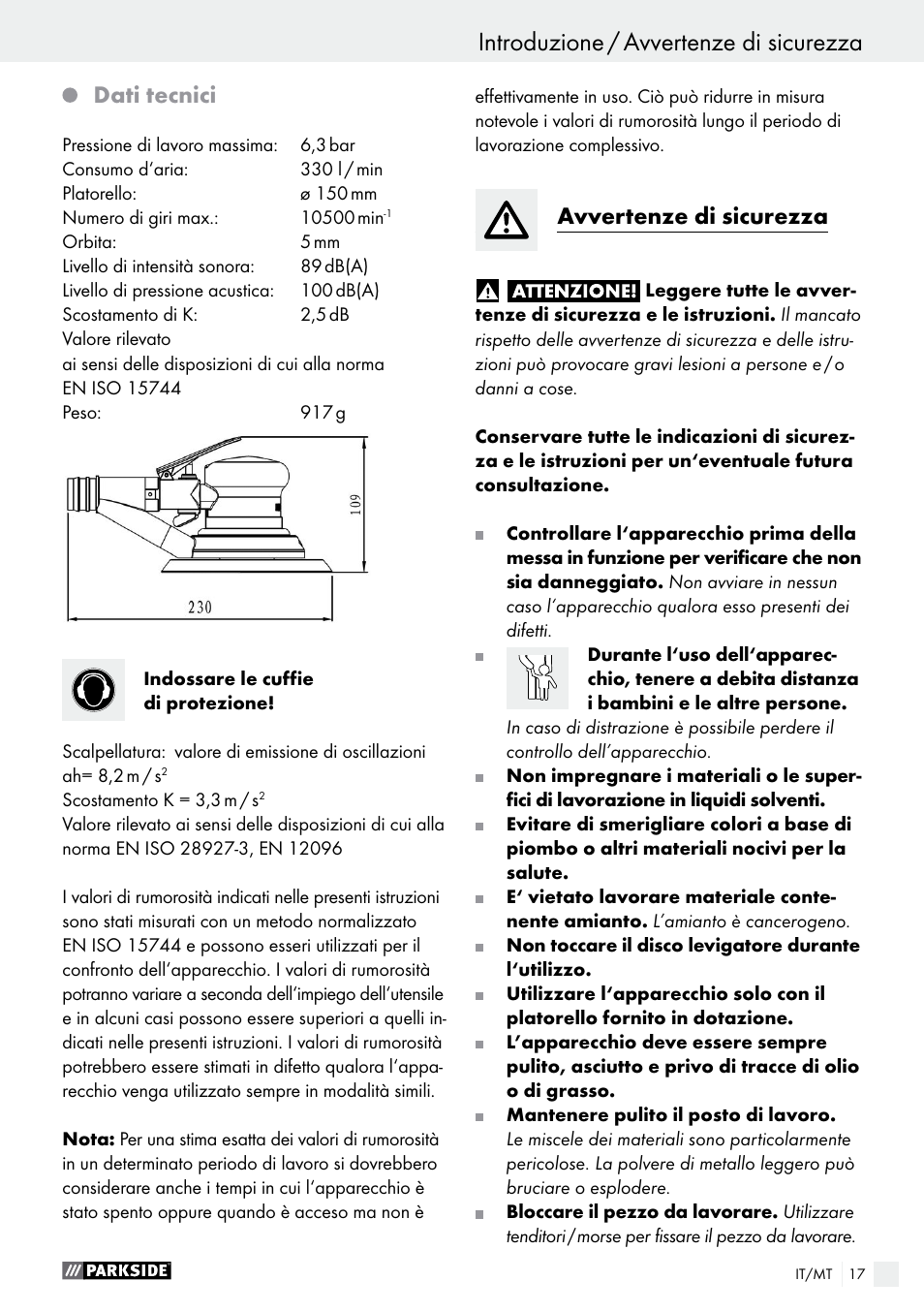 Introduzione, Introduzione / avvertenze di sicurezza, Dati tecnici | Avvertenze di sicurezza | Parkside PDEXS 150 A1 User Manual | Page 17 / 56