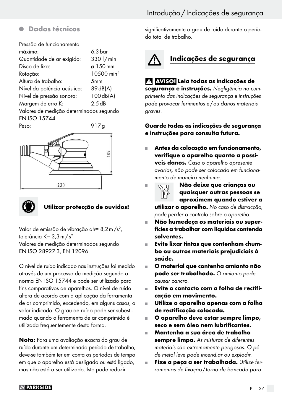 Introdução introdução / indicações de segurança, Dados técnicos, Indicações de segurança | Parkside PDEXS 150 A1 User Manual | Page 27 / 56
