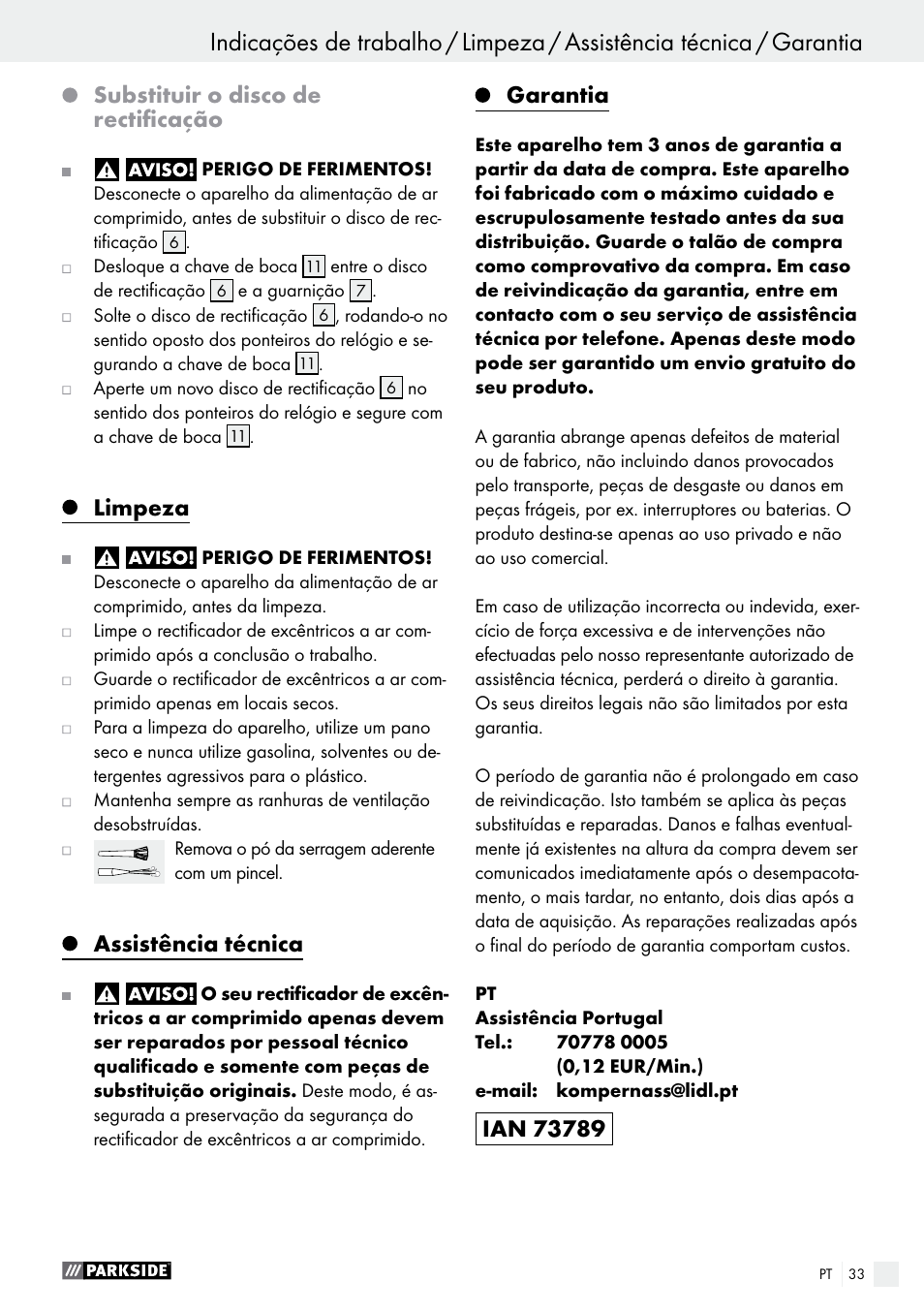 Substituir o disco de rectificação, Limpeza, Assistência técnica | Garantia | Parkside PDEXS 150 A1 User Manual | Page 33 / 56