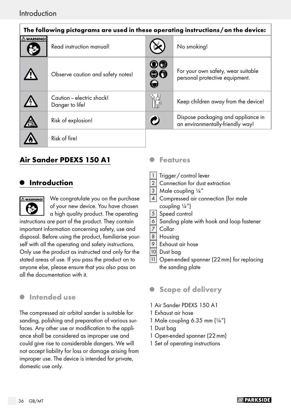 Introduction introduction / safety instructions, Air sander pdexs 150 a1, Introduction | Intended use, Features, Scope of delivery | Parkside PDEXS 150 A1 User Manual | Page 36 / 56
