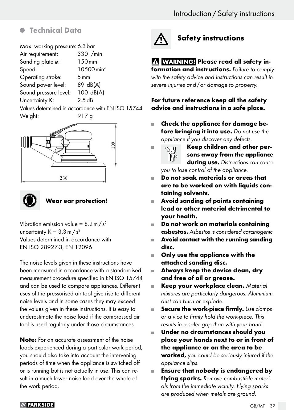 Introduction, Introduction / safety instructions, Technical data | Safety instructions | Parkside PDEXS 150 A1 User Manual | Page 37 / 56