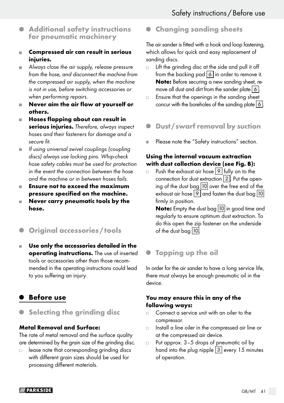Safety instructions, Safety instructions / before use, Original accessories / tools | Before use, Selecting the grinding disc, Changing sanding sheets, Dust / swarf removal by suction, Topping up the oil | Parkside PDEXS 150 A1 User Manual | Page 41 / 56