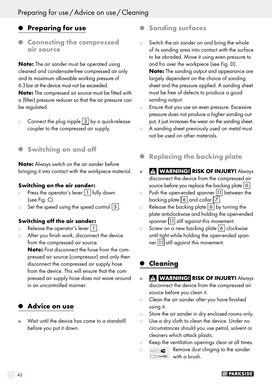 Service centre / warranty / disposal, Preparing for use / advice on use / cleaning, Switching on and off | Advice on use, Sanding surfaces, Replacing the backing plate, Cleaning | Parkside PDEXS 150 A1 User Manual | Page 42 / 56