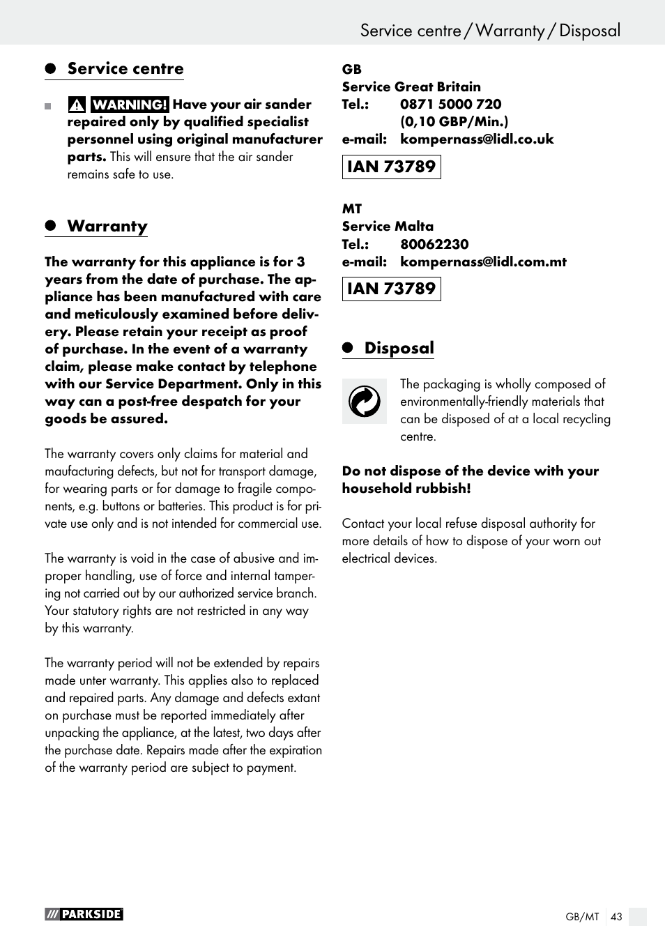 Service centre, Warranty, Disposal | Parkside PDEXS 150 A1 User Manual | Page 43 / 56