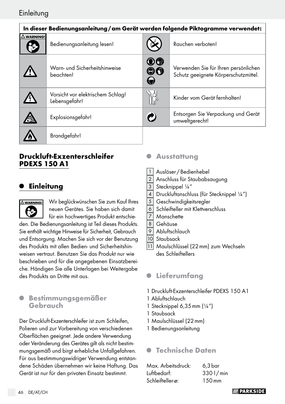 Einleitung / sicherheitshinweise einleitung, Druckluft-exzenterschleifer pdexs 150 a1, Einleitung | Bestimmungsgemäßer gebrauch, Ausstattung, Lieferumfang, Technische daten | Parkside PDEXS 150 A1 User Manual | Page 46 / 56