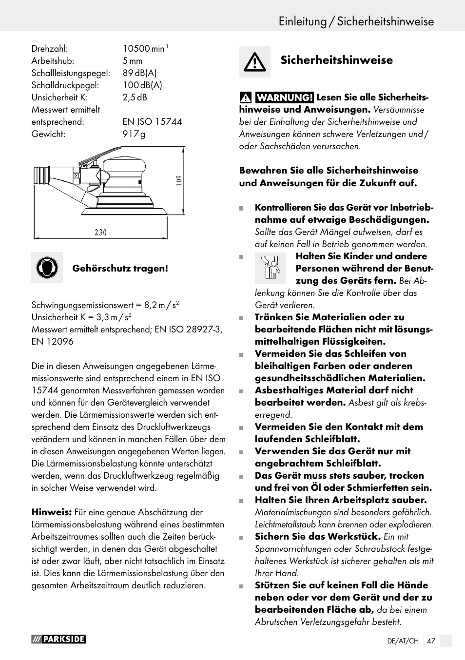 Einleitung / sicherheitshinweise einleitung, Sicherheitshinweise | Parkside PDEXS 150 A1 User Manual | Page 47 / 56